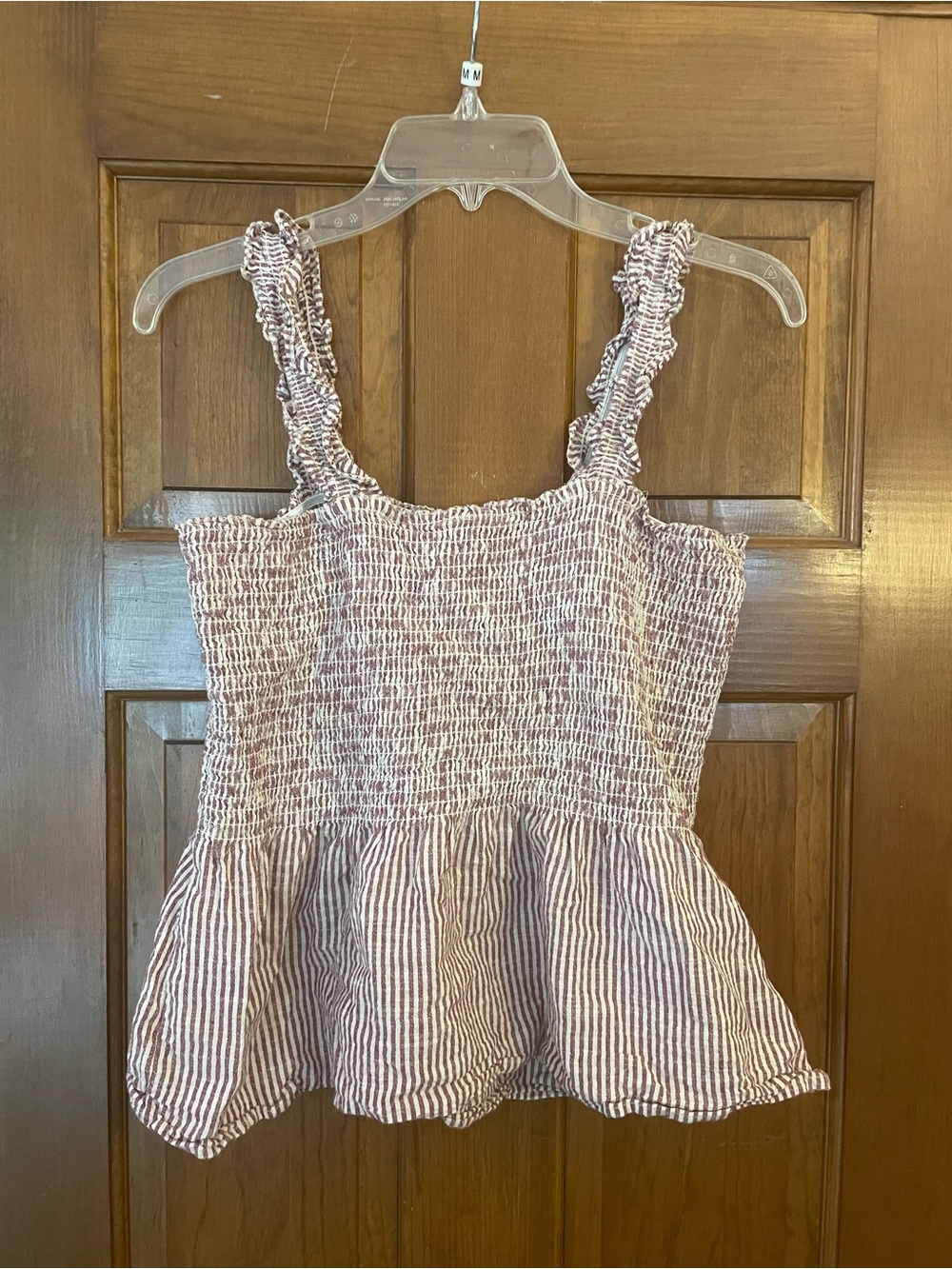 True Craft Women’s Smocked Ruffle-Strap Top Mauve Stripe,‎ Size L (runs small?)
